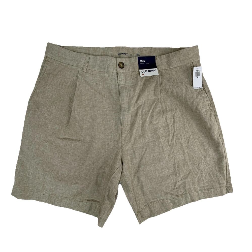 NWT Old Navy Men's 36 Slim Fit Shorts Pleated Linen Blend‎ 7" Inseam Tan Beige